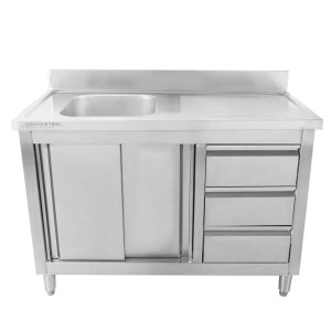 Meuble Plonge 1 Bac avec Dosseret et 3 Tiroirs - 1200 x 600 mm - Bac à Gauche - Dynasteel