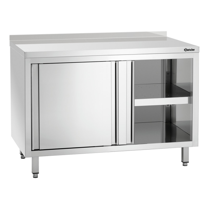 Meuble en Inox avec Portes Coulissantes, Etagère et Dosseret - L 1200 mm Meuble en Inox avec Portes Coulissantes, Etagère et Dosseret - L 1200 mm