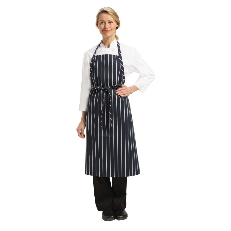 Tablier Bavette Tissé Premium à Rayures Bleu Marine et Blanches - Chef Works - Fourniresto Tablier Bavette Tissé Premium à Rayures Bleu Marine et Blanches - Chef Works - Fourniresto