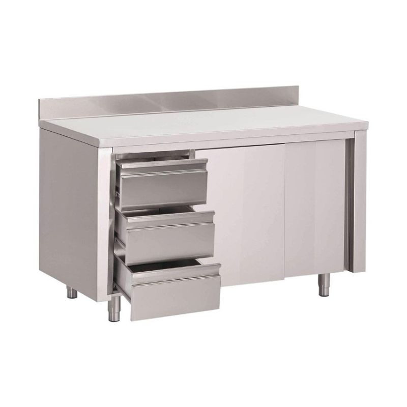 Stainless Steel Cabinet Table With Backsplash 3 Drawers On The Left And Sliding Doors - W 1400 x D 700 mm - Gastro M Stainless Steel Cabinet Table With Backsplash 3 Drawers On The Left And Sliding Doors - W 1400 x D 700 mm - Gastro M
