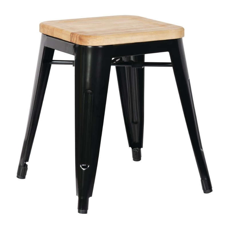 Tabourets Bistro Bas en Acier Noir avec Assise en Bois - Lot de 4 - Bolero Tabourets Bistro Bas en Acier Noir avec Assise en Bois - Lot de 4 - Bolero