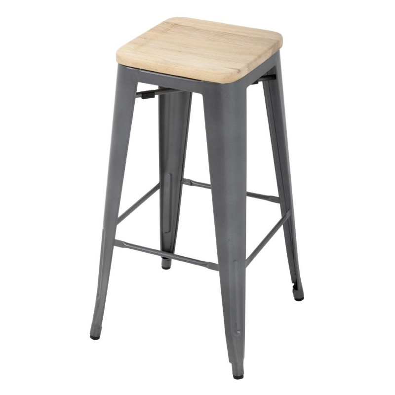 Tabouret Bistro Haut en Acier Gris avec Assise en Bois - Lot de 4 - Bolero Tabouret Bistro Haut en Acier Gris avec Assise en Bois - Lot de 4 - Bolero