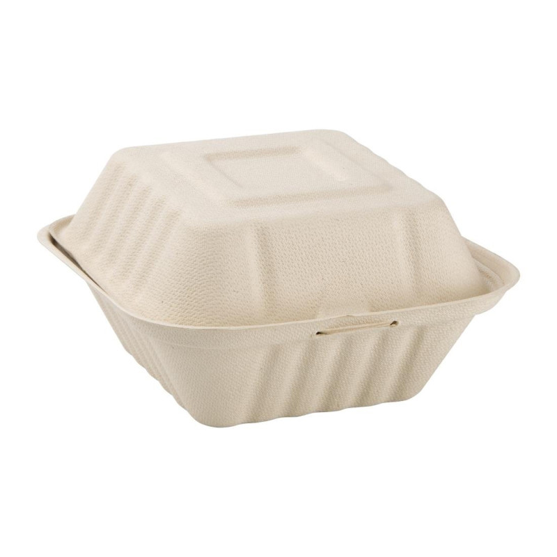 Compostable Natural Bagasse Hamburger Boxes 152 mm - Pack of 500 - Ecology and practicality in professional kitchens Compostable Natural Bagasse Hamburger Boxes 152 mm - Pack of 500 - Ecology and practicality in professional kitchens