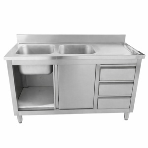 Meuble Plonge 2 Bacs avec Dosseret et 3 Tiroirs - 1400 x 600 mm - Bac à Gauche - Dynasteel