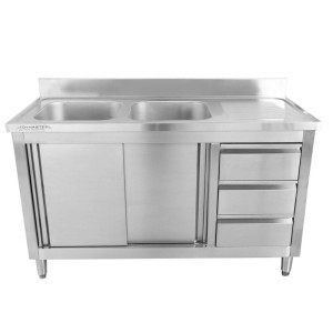 Meuble Plonge 2 Bacs s Naslonom - 1400 x 600 mm - Lijevi Bac - Dynasteel