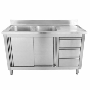 Meuble Plonge 2 Bacs avec Dosseret et 3 Tiroirs - 1400 x 600 mm - Bac à Gauche - Dynasteel