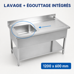 Plonge Inox 1 Bac 1200x600 mm, Ocjedna ploha desno, Stražnja ploča