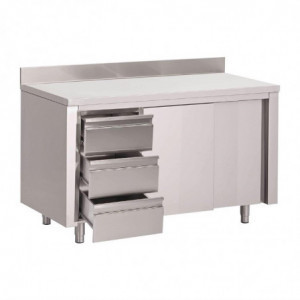 Stol Ormar od nehrđajućeg čelika s leđnim dijelom, 3 ladice desno i klizna vrata - L 1200 x P 700mm - Gastro M