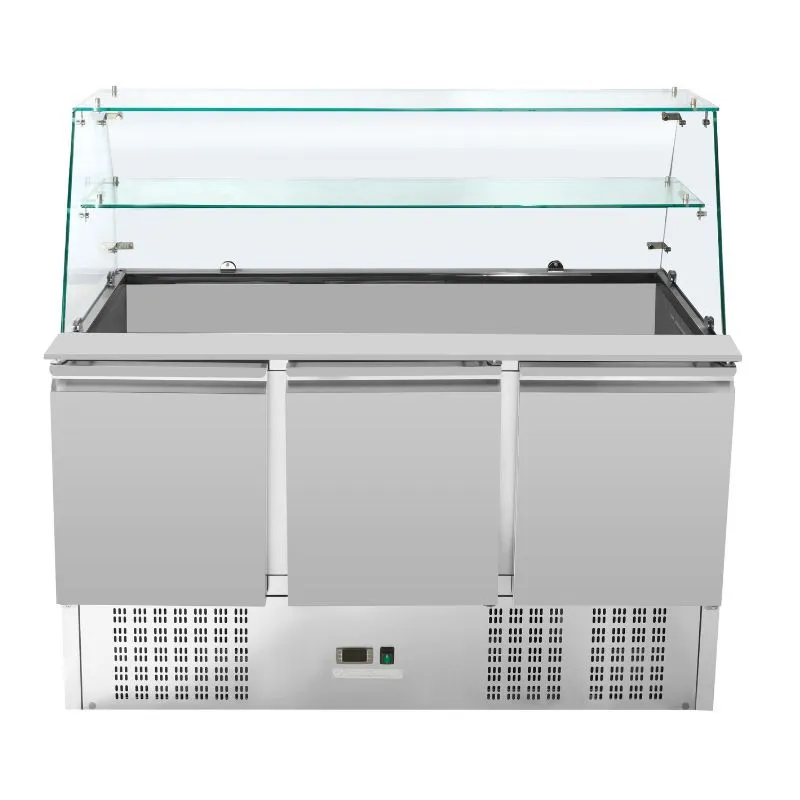 Saladette Hladnjak 3 Vrata 368 L, Staklena Vitrina, GN 1/1 Posude, 0/+10 °C, Inox, Statičko Hlađenje